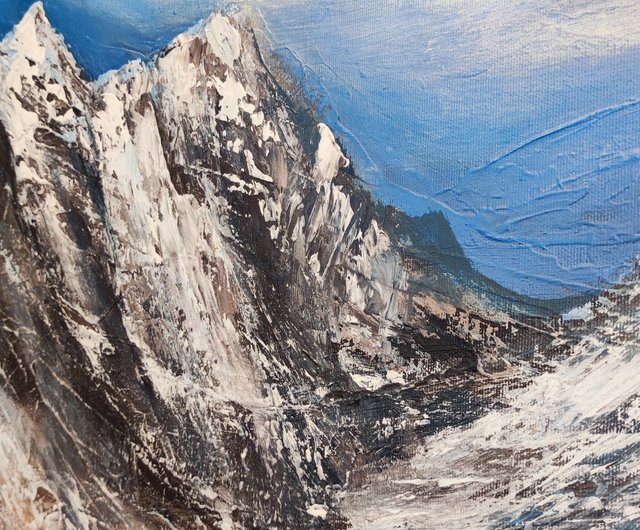 キャンバスに描かれた抽象的な雪山の風景画 青と白の風景
