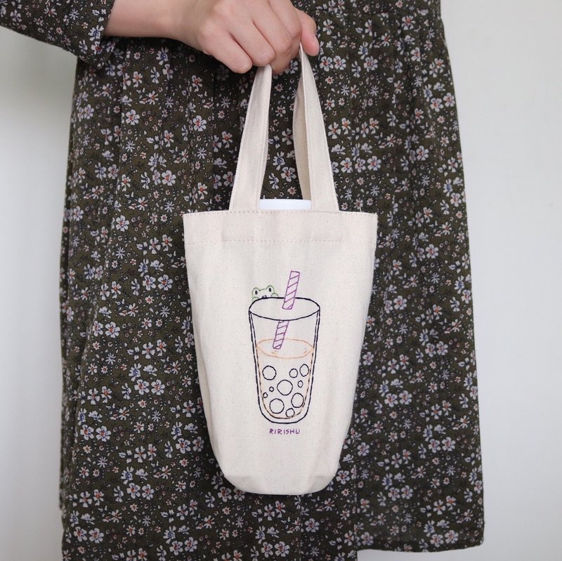 手工刺繡 珍珠奶茶 飲料帆布提袋 - 飲料提袋/杯套 - 棉．麻 