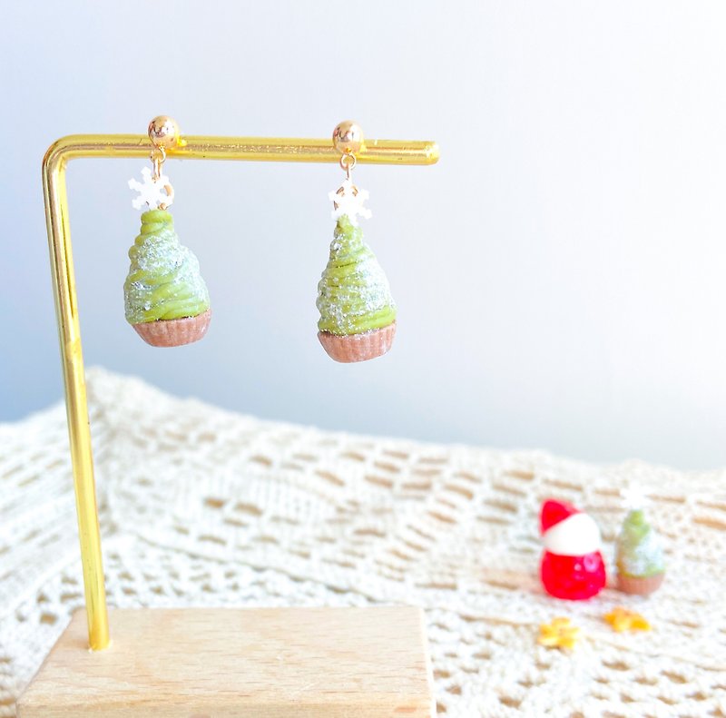【日式】甜品 | 聖誕樹抹茶撻耳環 | 黏土飾物 | 微縮飾物 - 耳環/耳夾 - 黏土 