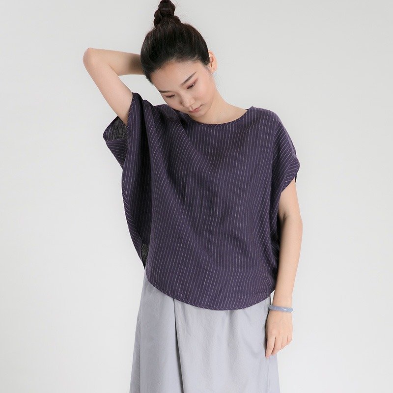 不服 亞麻條紋 圓形寬大TEE 設計感蝙蝠衫 CS170215 - 女裝 上衣 - 棉．麻 紫色