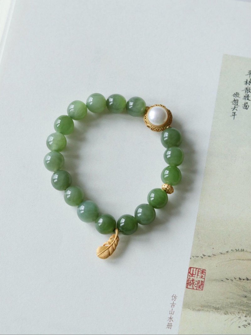 10mm天然和田玉 /和闐玉-碧玉 珍珠925銀羽毛設計單圈手串m - 手鍊/手環 - 玉石 綠色