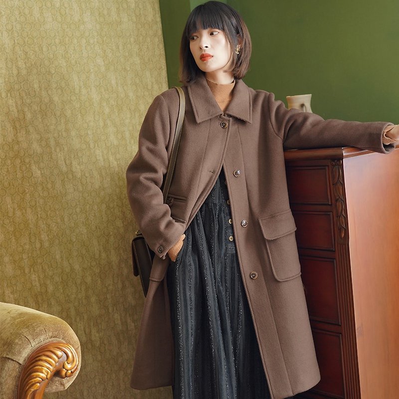黑巧棕色中長款翻領大衣|外套|冬款|羊毛混紡|Sora-652 - 女西裝外套 - 羊毛 