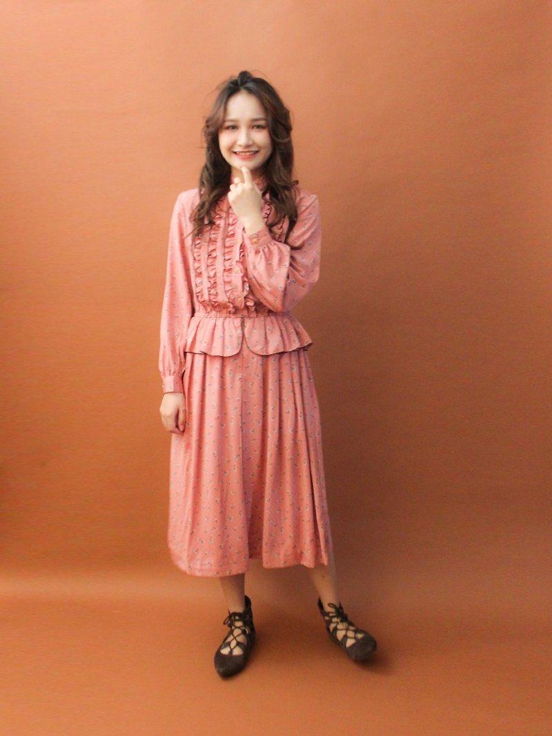 復古秋冬日本製甜美可愛碎花粉色長袖古著洋裝 Vintage Dress - 洋裝/連身裙 - 聚酯纖維 粉紅色