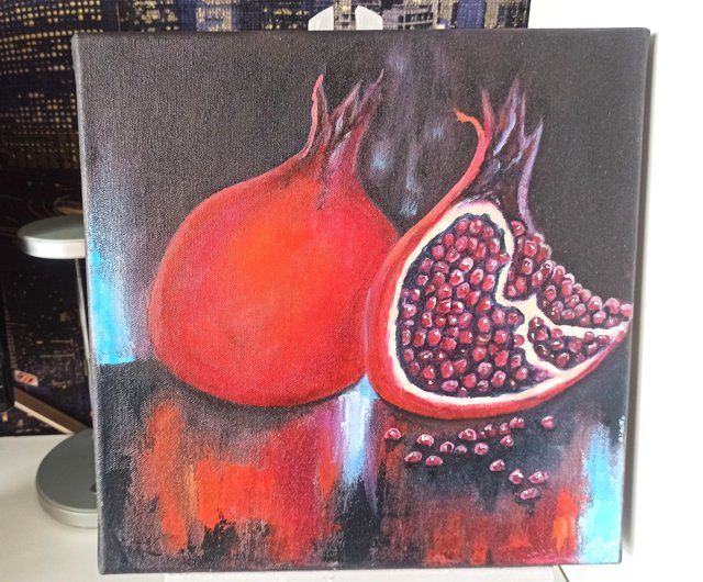 ザクロの油彩画 ザクロの油絵 キャンバス 30X30cm オリジナルアート フルーツ 静物画