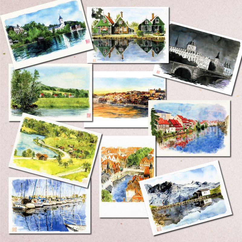 Set of 10 watercolor postcards / waterfront scenery - การ์ด/โปสการ์ด - กระดาษ 