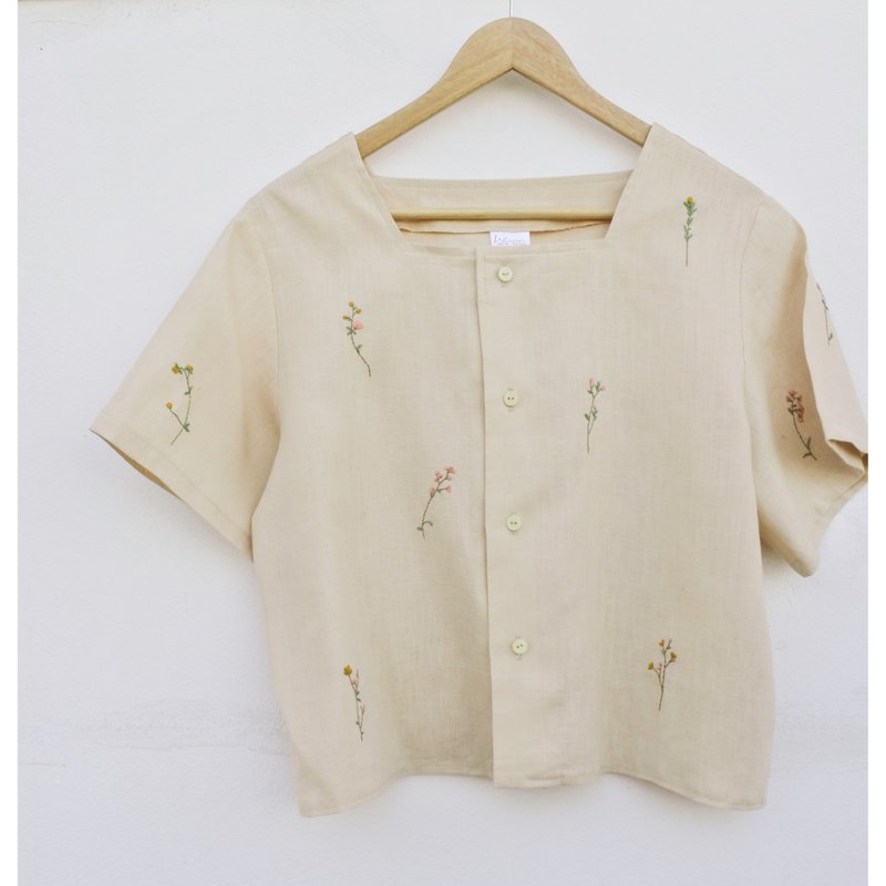 Embroidery | Linen | Square neck short sleeve shirt, cream-yellow color - Women's Tops - Cotton & Hemp Yellow