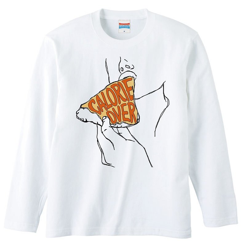 Long sleeve T-shirt / Calorie over / pizza - เสื้อยืดผู้ชาย - ผ้าฝ้าย/ผ้าลินิน ขาว