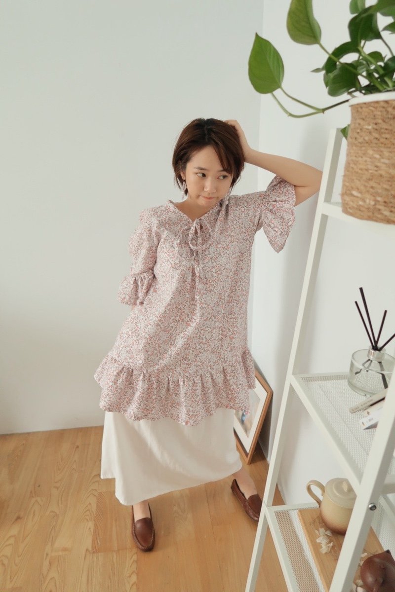 念念小碎花荷葉袖洋裝 - 洋裝/連身裙 - 棉．麻 粉紅色