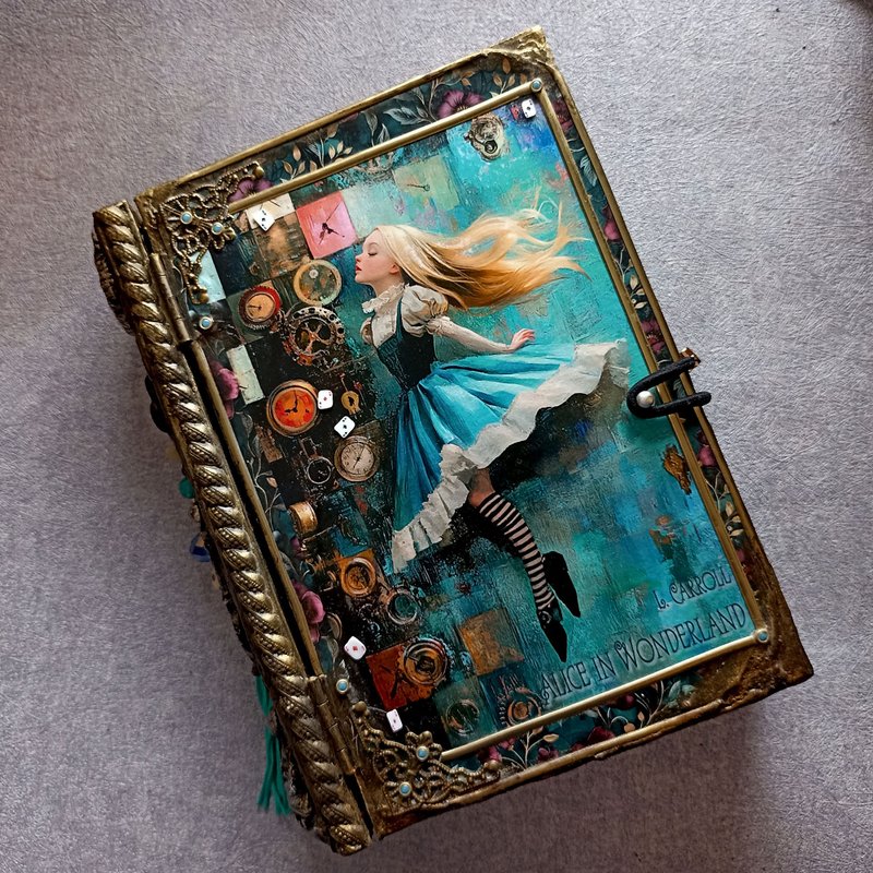 木製ブックボックス、タロットカードボックス、「不思議の国のアリス」、マッドハッターの箱、白うさぎ - 収納用品 - 木製 ブラウン