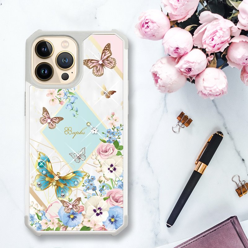 iPhone 13全系列 軍規防摔水晶彩鑽手機殼-蝶戀芳庭 - 手機殼/手機套 - 其他材質 多色