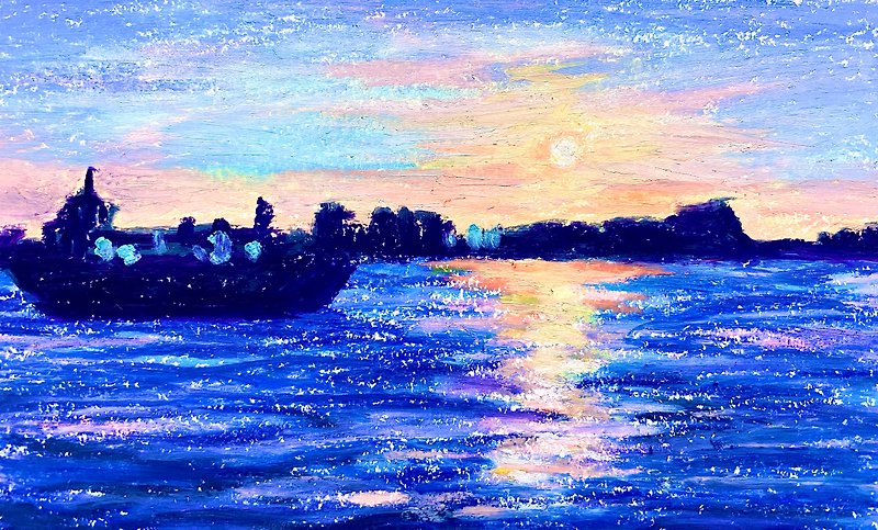 The silhouette of the city saying goodbye to the sunset - oil pastel / original hand-painted / framed / landscape painting - ภาพวาดบุคคล - กระดาษ หลากหลายสี