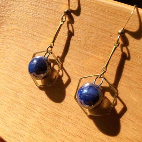王榕手作陶 【陶藝家手作】紺藍釉珍珠光 六角銅環 手作白瓷耳環