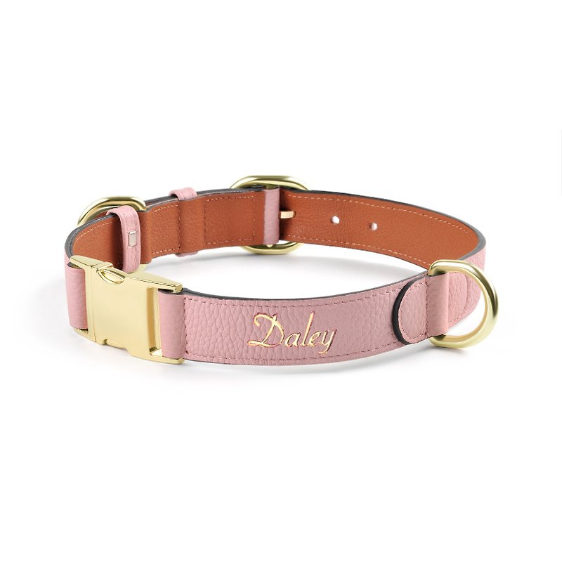 Handmade custom engraved leather dog collar - pink - ปลอกคอ - หนังแท้ สึชมพู