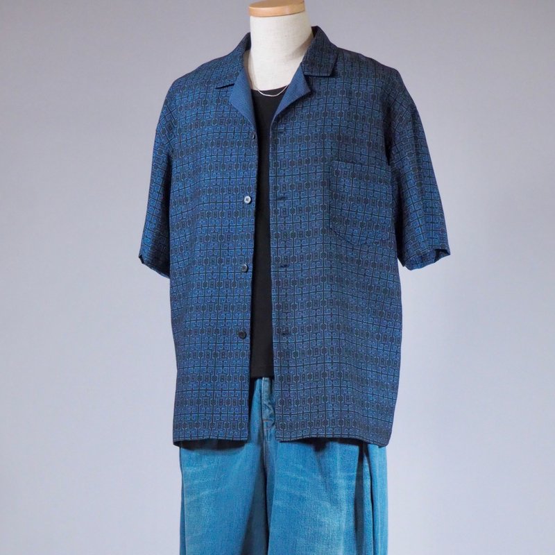 【日本製】UMUI for Denim, upcycled Kimono mens shirt L, indigo blue - Men's Shirts - Silk Blue