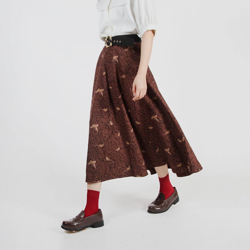 [Egg Plant Vintage] Wood Color Chicken Printed Skirt - Skirts - Polyester Brown