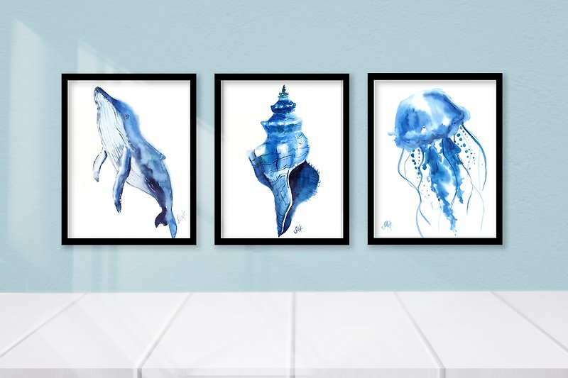 Blue Abstract Nautical Wall Art Set Of 3 Original Paintings Seashell Watercolor - 海報/掛畫/掛布 - 其他材質 藍色