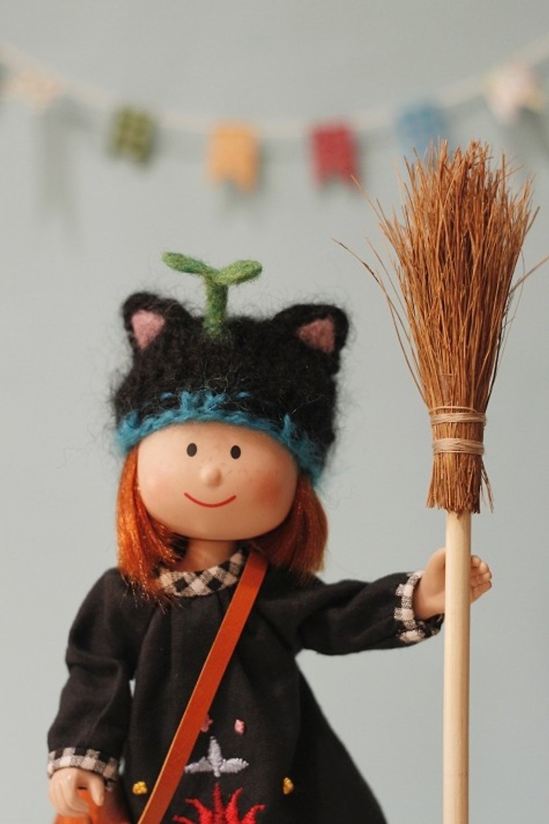 Licca莉卡、爛草莓小頭娃娃尺寸手工編織黑貓綠芽帽 - 帽子 - 羊毛 黑色