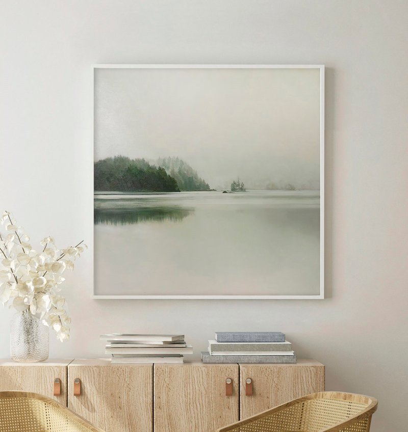 Landscape painting |Neutral river painting | River Forest Painting | River Fog 4 - 壁貼/牆壁裝飾 - 棉．麻 綠色