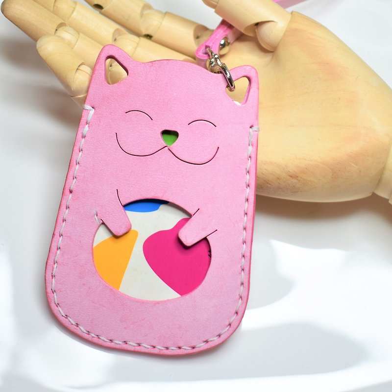【猫IDセット】ハンギングループ付き手縫いストレート手縫い牛革 - パスケース - 革 ピンク