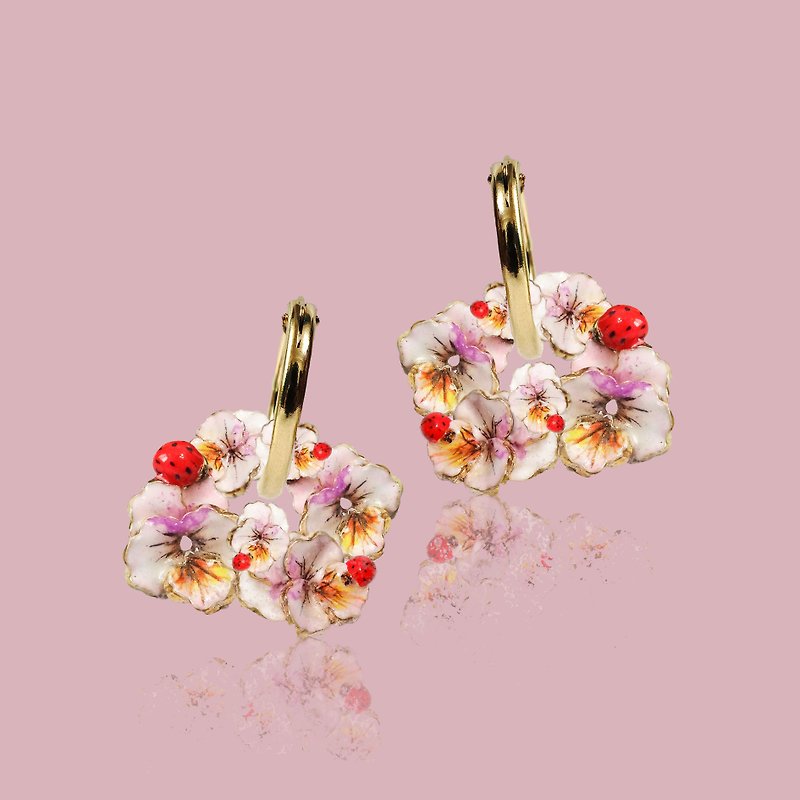 Colorful Pansy and Adorable Ladybug Petal Earrings - Earrings & Clip-ons - Enamel Pink
