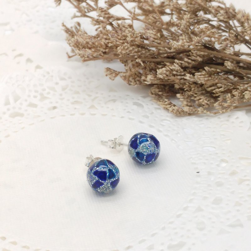 10mm Glass-painted Sterling Silver earrings - Glitter-Silver line, Blue - Earrings & Clip-ons - Glass Blue