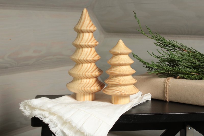 Set of two rustic wood turned christmas trees. Rustic holiday table décor. Xmas - Items for Display - Wood Brown