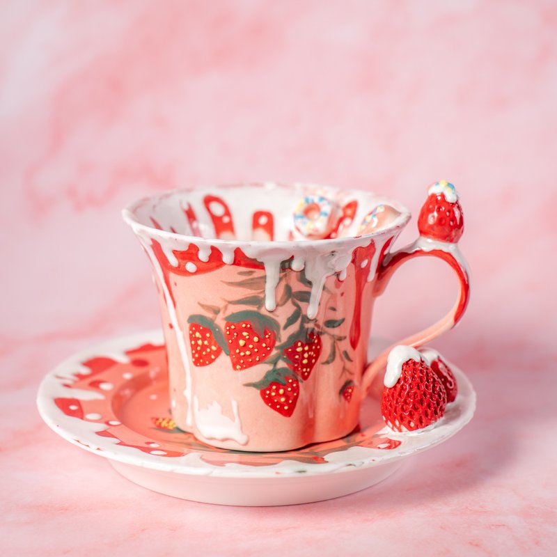 Strawberry Kiss Tea Set Sweet Cream Ceramic Espresso Mug with Saucer Handmade - แก้วมัค/แก้วกาแฟ - ดินเผา สึชมพู