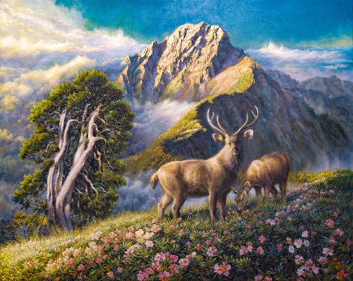 鹿の親子 F25油彩画 風景画 oil painting art 500x0.jpg