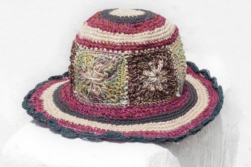 Hand-woven cotton Linen knit cap visor cap hat crocheted hat Alpine hat - Flower Forest - Hats & Caps - Cotton & Hemp Multicolor