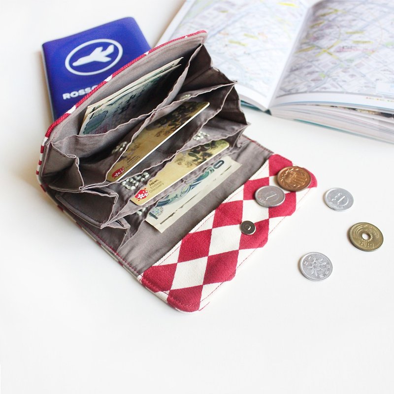 【專屬訂單】日本旅行 錢包 X 日幣分隔財布 - 紅菱 - 長短皮夾/錢包 - 棉．麻 紅色