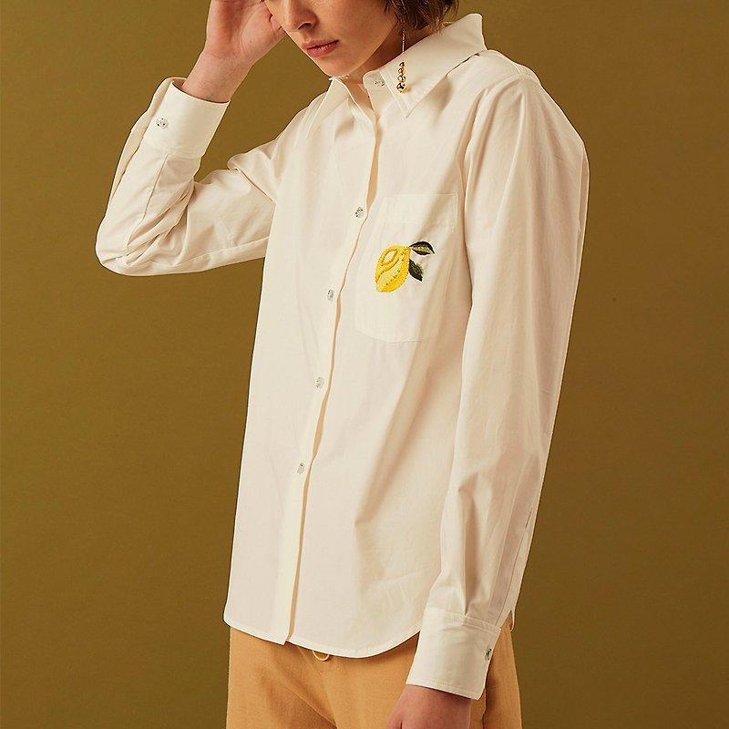 /The Fruit/ Hand Embroidery Long Sleeve Shirt - Women's Shirts - Cotton & Hemp 