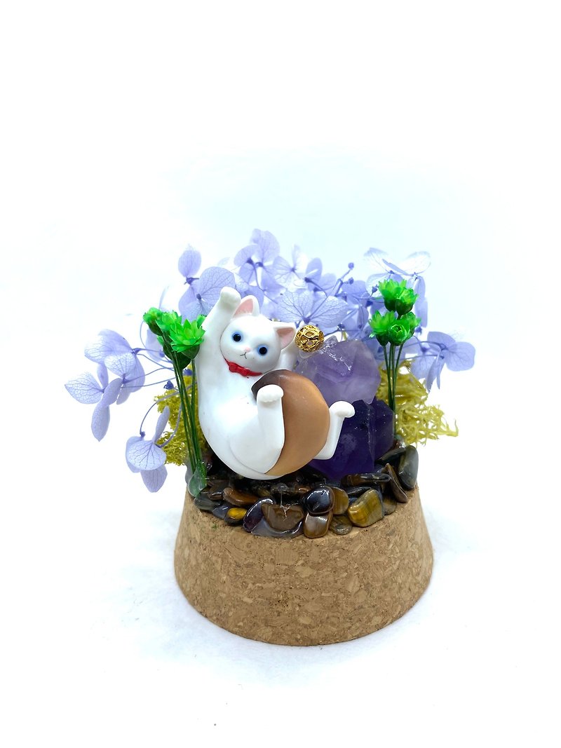 淡紫花園-狐尾貓咪與紫水晶-手工玻璃罩公仔/水晶/乾燥花擺設 - 裝飾/擺設  - 水晶 