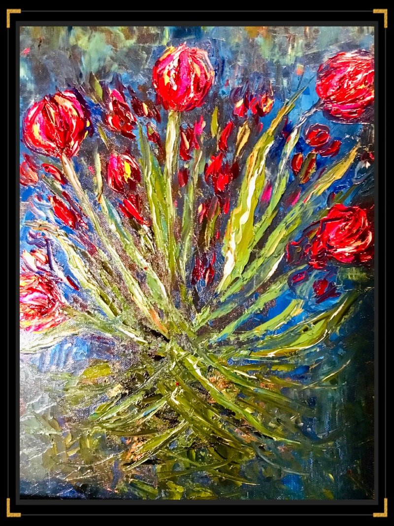 Tulips Oil Painting – Original Floral Artwork on Canvas Board – Dancing Tulips - 壁貼/牆壁裝飾 - 其他材質 紅色