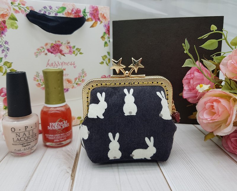 Corduroy bunny star mouth gold bag coin purse storage bag birthday gift - Wallets - Cotton & Hemp Black