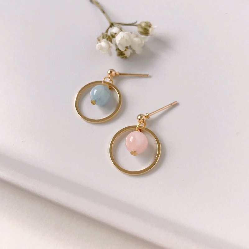 Hot and cold, pink and blue Morgan stone, handmade earrings, clip earrings - ต่างหู - โลหะ สึชมพู