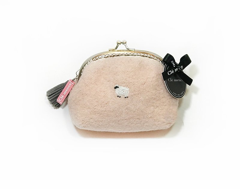 綿羊縫珠手工限量拱型口金包-粉紅色 - 散紙包 - 羊毛 粉紅色