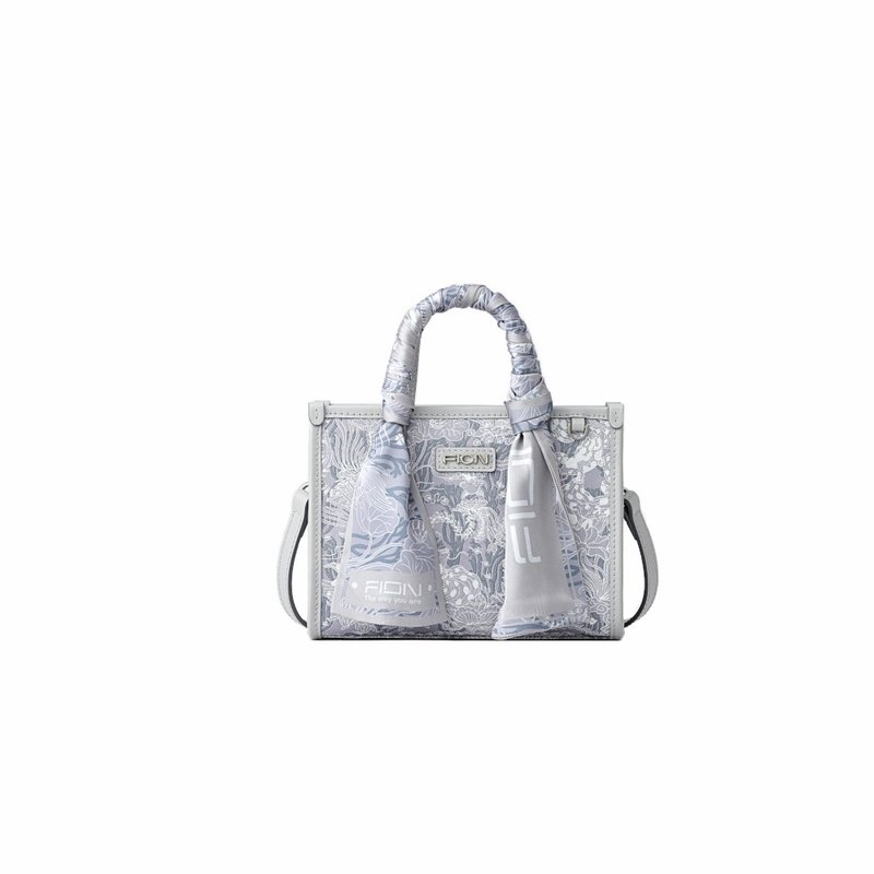 Moonlight Jacquard with Leather Mini Tote bag - กระเป๋าแมสเซนเจอร์ - งานปัก สีเทา