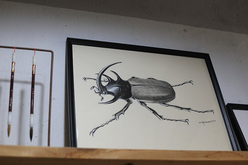 紙 掛牆畫/海報 - 寫實純手繪 | 細角尤犀金龜 甲蟲 | 自然類 | 含IKEA畫框