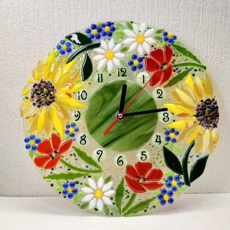 Wall fused glass clock with flowers - Summer theme fused modern clock - Clocks - Glass Multicolor