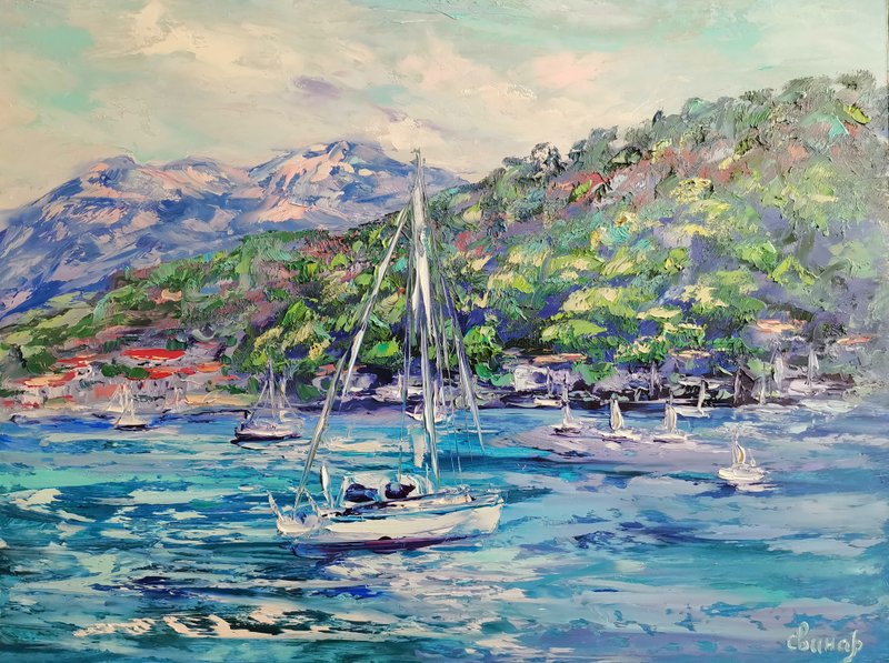 Yachts Sailboats Sea Original Art Oil Painting Resort Rocks Artist Svinar Oksana - 其他 - 其他材質 多色