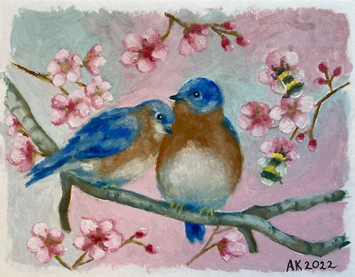 Anastasia Art - 独特的工艺 Spring Time oil painting, love birds, bee, artwork, flower blossoms, pink color