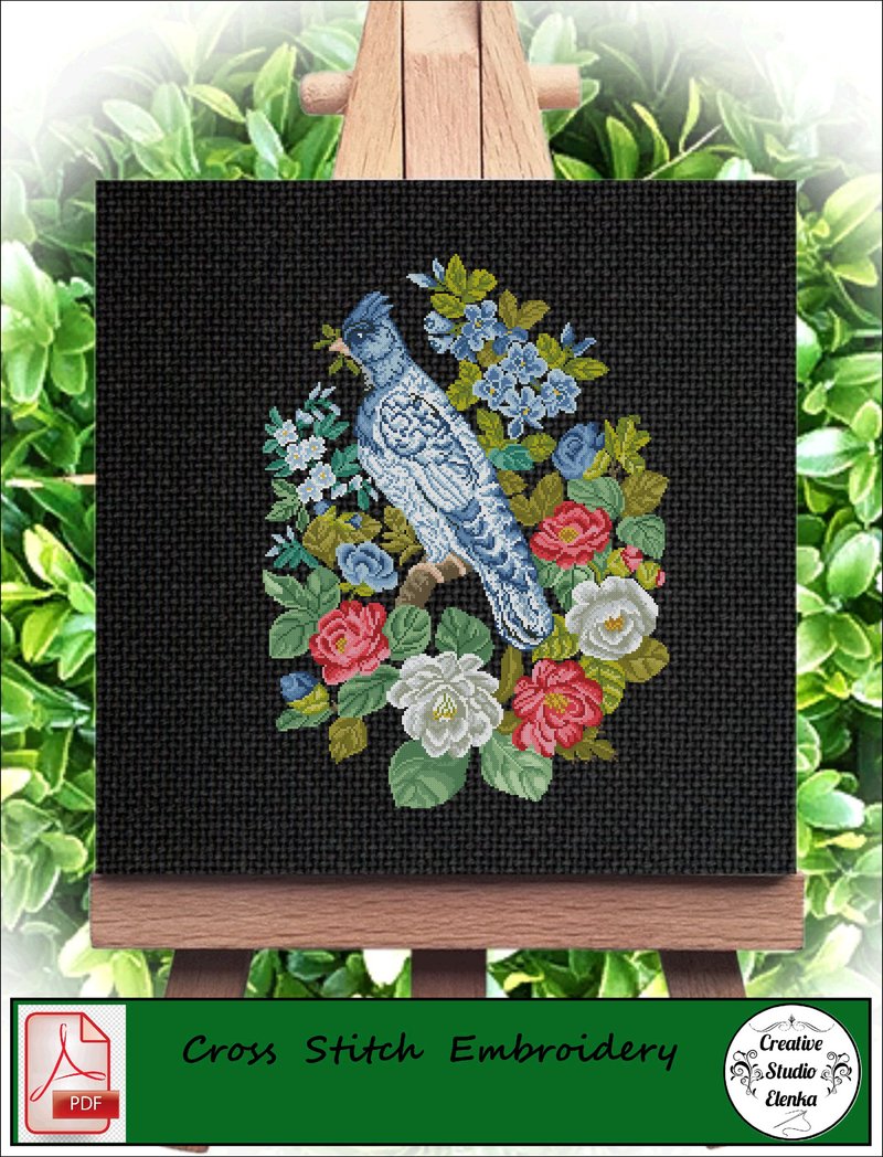 Vintage Cross Stitch Scheme Blue Bird 8  - PDF Embroidery Scheme - เย็บปัก/ถักทอ/ใยขนแกะ - วัสดุอื่นๆ 