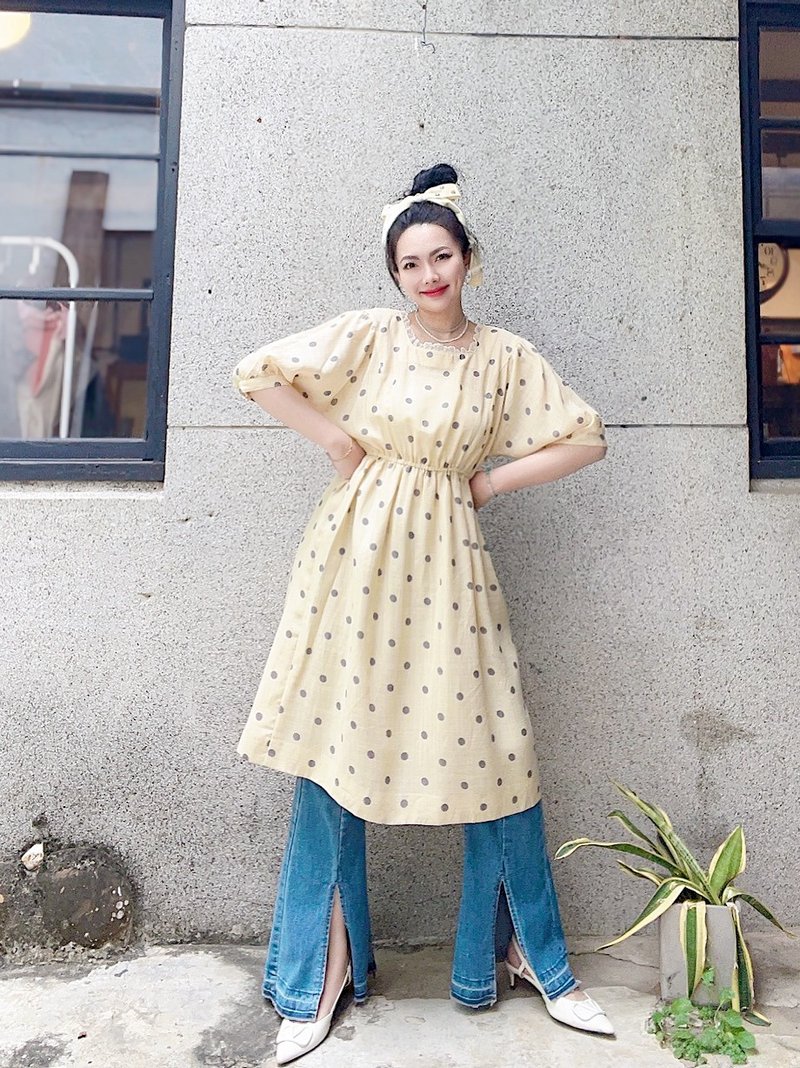鵝黃色灰圓點巴洛克蕾絲領澎袖 長裙洋裝連身裙古著ドレスDress - 洋裝/連身裙 - 聚酯纖維 多色