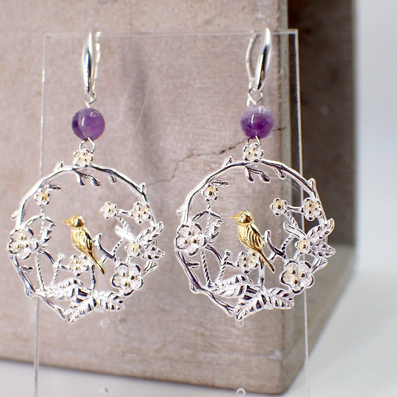 E41018 Bird with Flowers Silver 925 & Crystal Earrings - Earrings & Clip-ons - Sterling Silver Silver