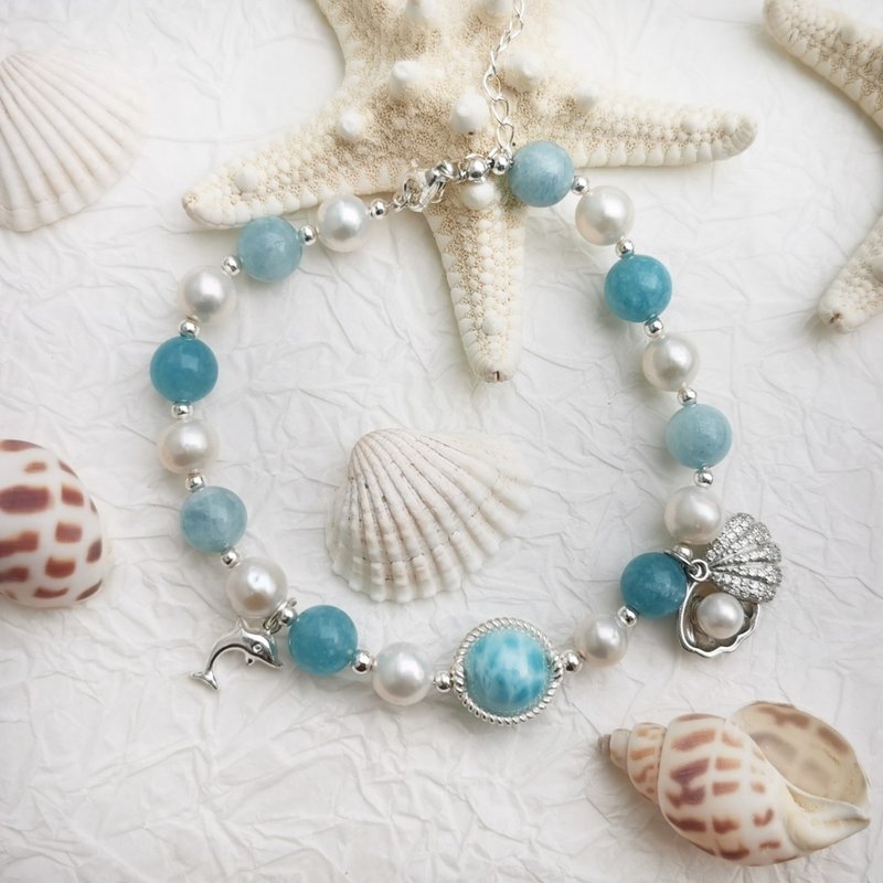 Beach Please - (Aquamarine Larimar Pearl) Natural Crystal Bracelet - Bracelets - Crystal White