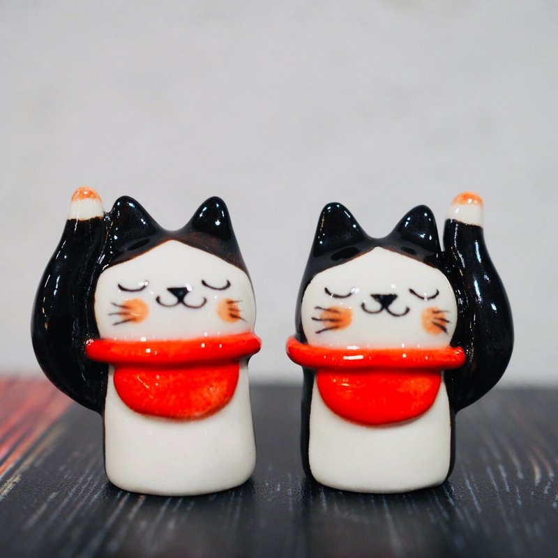 手捏陶瓷 黑白招財貓 - 擺飾/家飾品 - 陶 