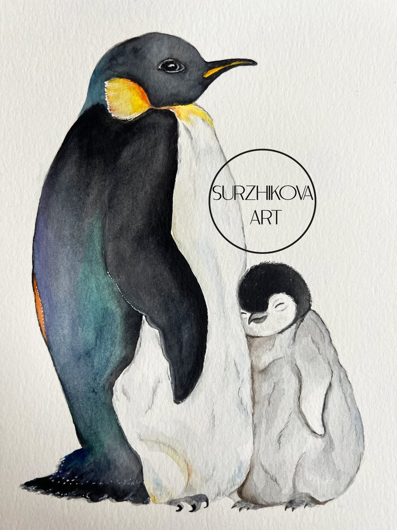 Cute penguin family, original watercolor painting, 6x8 inches - ตกแต่งผนัง - กระดาษ 