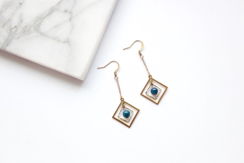 Bronze earrings | blue agate | geometric Ear / Clip-On - ต่างหู - ทองแดงทองเหลือง 