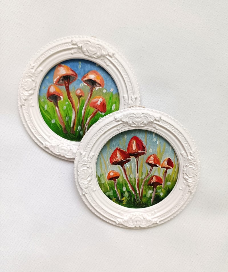 Original oil painting Mushrooms, Framed Wall art, Forest painting, Nature art - ตกแต่งผนัง - วัสดุอื่นๆ หลากหลายสี