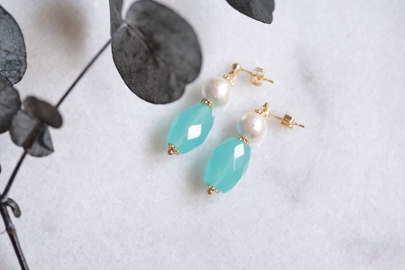 Blue chalcedony cotton pearl earrings │ can change the clip-on birthday gift - ต่างหู - เครื่องเพชรพลอย สีน้ำเงิน